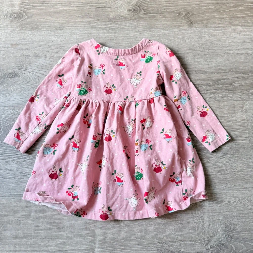 Mini Boden Girls Pink Christmas Bunny Long Sleeve Jersey Dress 2-3Y Holiday